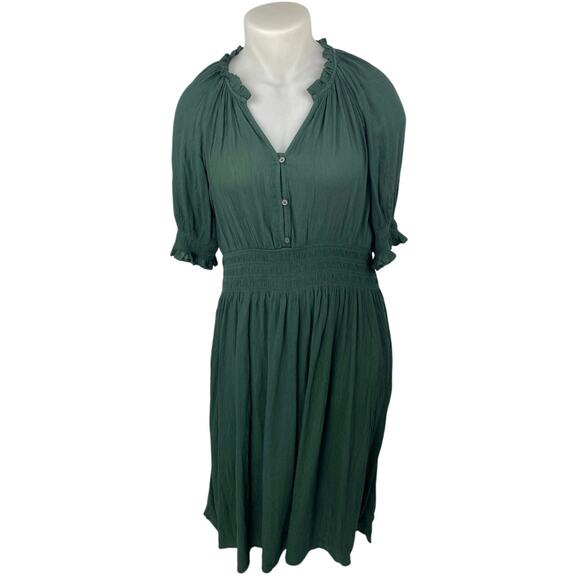 NEW Gap Green Short Puff Sleeve V Neck Ruffle Smocked Fit & Flare Maxi Dress XL - Picture 1 of 4